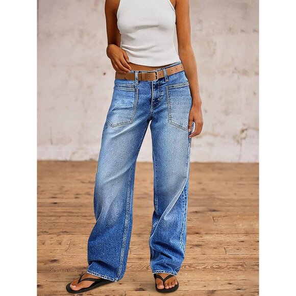 Women Straight Leg Jeans Mid Rise Stretchy Patch Pockets Casual Baggy - Picture 5 of 5